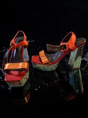 Rebellious Rose Orange and Red Platform Block Heel Sandals Womens Shoes Size 39